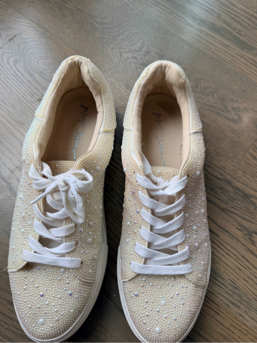 Betsy Kohnson Embellished white/ Cream Women's Lace-Up Sneakers with pearls - Picture 2 of 10
